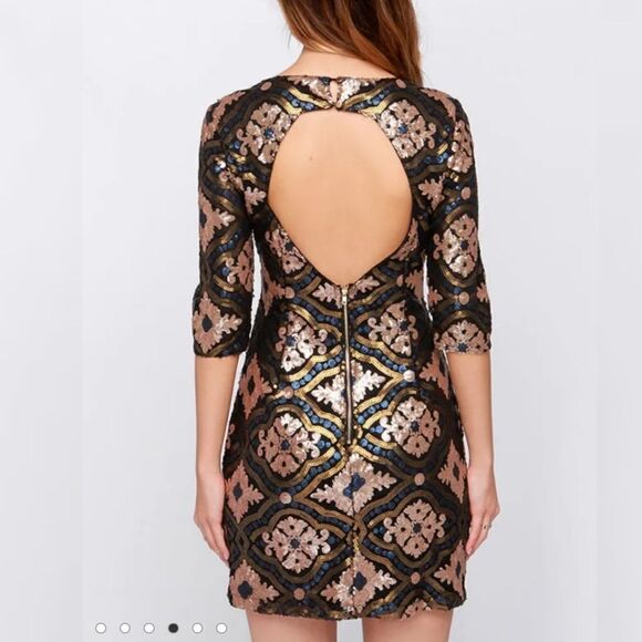 MARINEBLU Gold Blue Sequin V-neck Keyhole Back Dress Size M - Picture 4 of 11